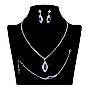 Tigerstars Sapphire Marquise Stone Pendant Accented Rhinestone Pave Necklace Set